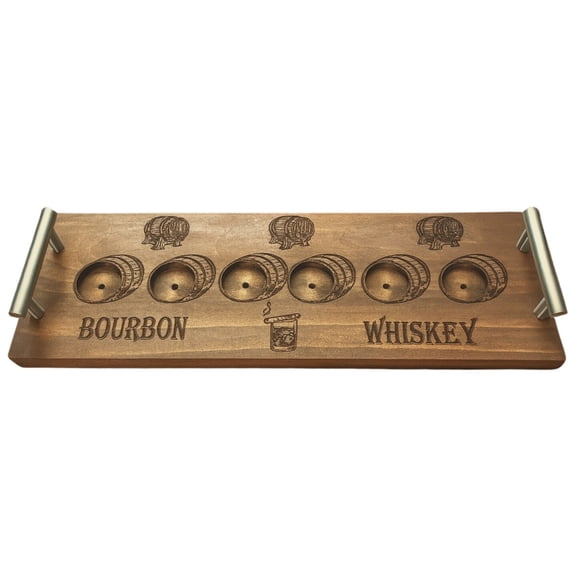Rustic Pine Wood Shot Glass Flight Board with Handles  6-Glass Bourbon & Whiskey Tasting Tray, Handcrafted 16"x5.5" Bar Display with QR Code Recipe Book & Felt Pads