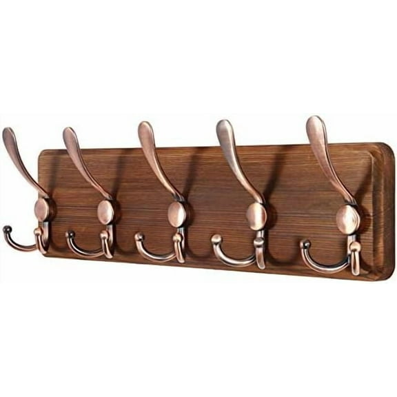 Rustic Pine Wood Wall Coat Rack with 5 Triple Hooks, 16" Hole to Hole, Farmhouse Wall Mounted Coat Rack for Hanging Backpack, Jacket, Hat