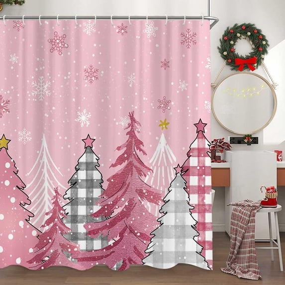 Rustic Pink Christmas Tree Shower Curtain, Merry Christmas Xmas Snowflake Snowy Pine Tree Pink Fabric Shower Curtain, Funny Xmas Farmhouse Winter Holiday Shower Curtain with 12PCS Hooks, 70x70IN