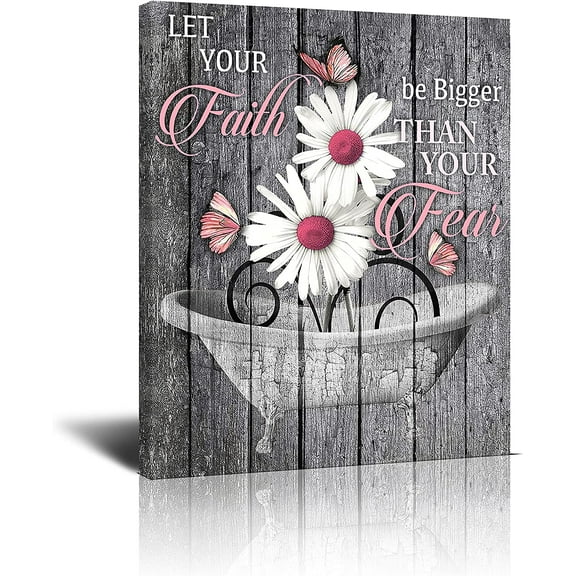 Rustic Pink Daisy Wall Art Canvas Bathroom Wall Decor Inspirational Butterfly Quotes Grey And Black Wood Background Artwork Framed Modern Home Wall Decor For Bathroom Ready To Hang,12x16 Inch