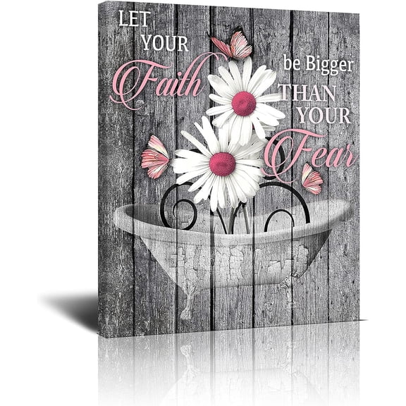 Rustic Pink Daisy Wall Art Canvas Bathroom Wall Decor Inspirational Butterfly Quotes Grey And Black Wood Background Artwork Framed Modern Home Wall Decor For Bathroom Ready To Hang,12x16 Inch