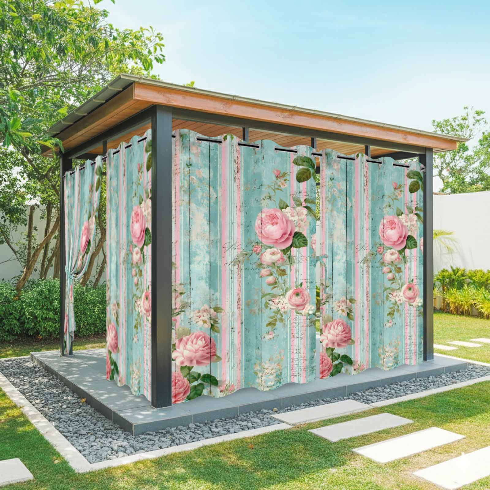 Rustic Pink Roses Outdoor Curtains for Patio, Botanical Leaves Wood Grain Vintage Sunshade Privacy Drapes Grommet Waterproof Outside Curtains for Porch/Cabana/Balcony 54"x 108", 1 Panel