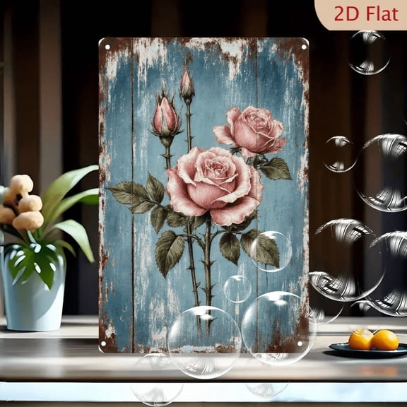 Rustic Pink Roses on Weathered Blue Wood Wall Art, 8x12 Inch Vintage Shabby Chic Metal Tin Sign for Farmhouse Kitchen Decor