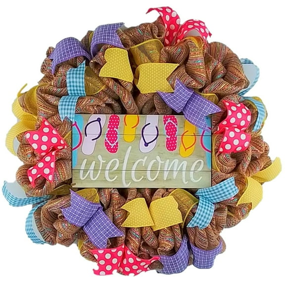Rustic Pink Summer Spring Flip Flop Welcome Wreath - Jute Pink Yellow Blue Beach Lake