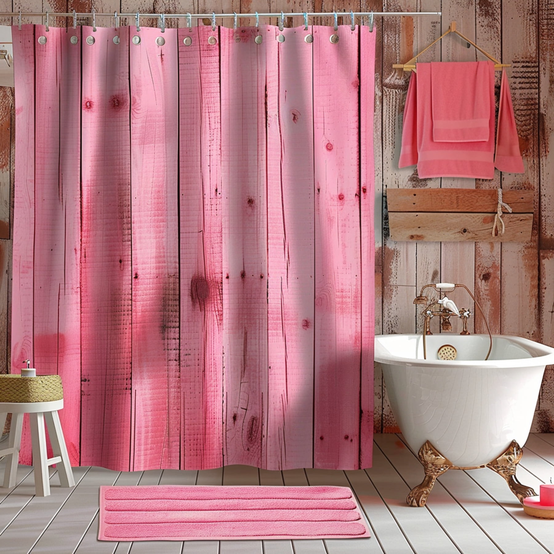Rustic Pink Wooden Farmhouse Shower Curtain Set Rustic Wood Texture
