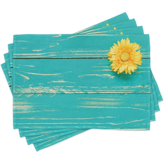 Rustic Place Mats Set of 4, Flower on Vintage Wooden Backplane Floral Beauty Redolence Springtime Nature, Washable Fabric Placemats for Dining Table, Standard Size, Turquoise Yellow