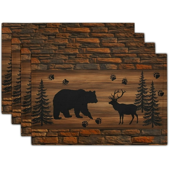 Rustic Placemats - Brown Cabin Bear Place Mats Set of 4 Wooden Tablemats 12x18 for Dining Kitchen Farmhouse