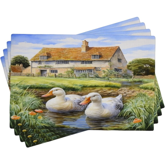 Rustic Placemats Set of 4 Spring Grass Cute Duck Farmhouse Cottage Beautiful View Green Linen Wipeable Heat Resistant Placemats Table Picnic Glass Table Rectangle pad placemat 12x18inch