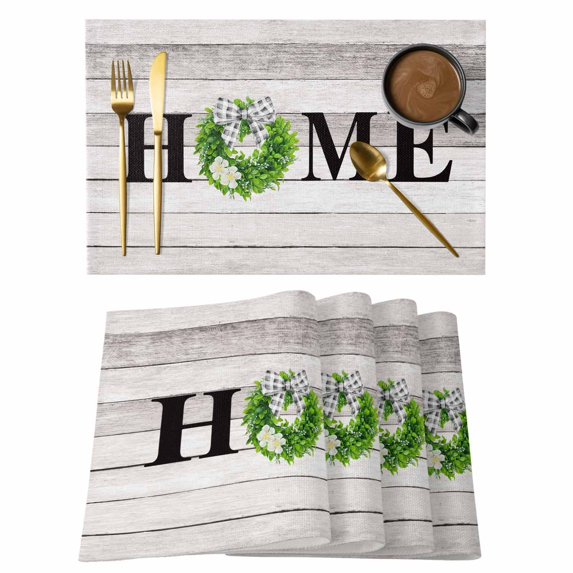 Rustic Placemats Set of 6, Eucalyptus Leaves Green Wreath Wooden Plaid Home Placemats for Dining Table, Place Mats for Kitchen Tabletop, Waterproof Wipeable Dining Table Mats Set