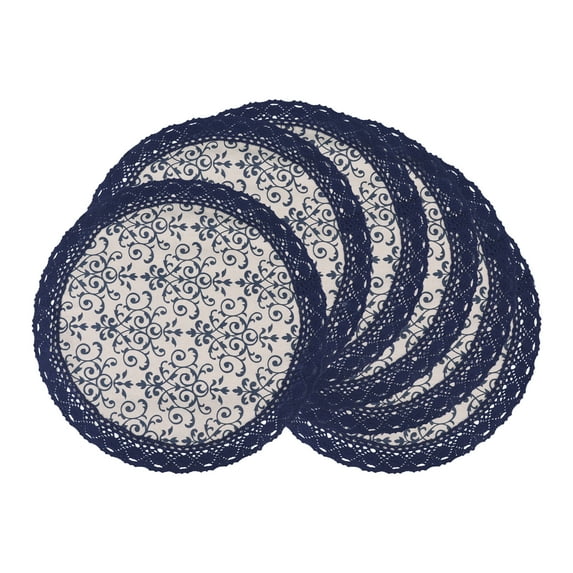 Rustic Placemats Set of 6 Placemats for Dining Table Decor Indoor Outdoor Washable Kitchen Table Mat with Lace Trim Blue Porcelain 15inch