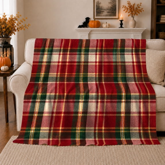 Rustic Plaid Autumn, Festive autumn celebration Scene, Warm Flannel Blanket for Living Room and Family Room with Detailed Artwork, Art Lovers autumn celebration Gift, Festive Home Decor