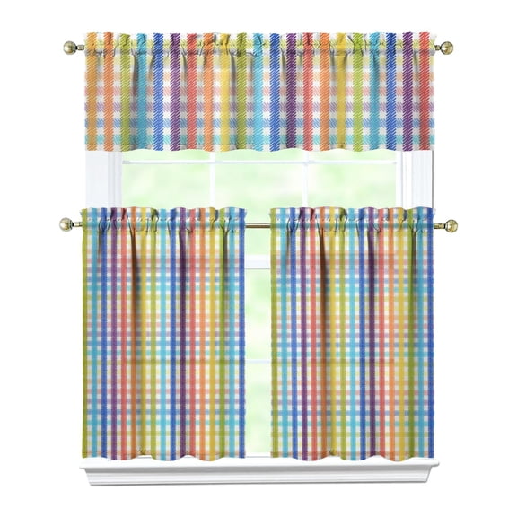 Rustic Plaid Kitchen Curtains Set of 3 - Geometric Checkered Tier & Valance, Semi-Sheer Short Farmhouse Curtains