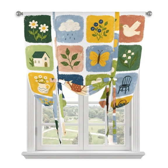 Rustic Plaid Tie Up Balloon Window Curtain 46W x 63L Inch, Cottage Flower Butterfly Black Cat Pine Tree Bird Green Rod Pocket Adjustable Tie Up Curtains Small Kitchen Sink Curtains for Cafe Bedroom