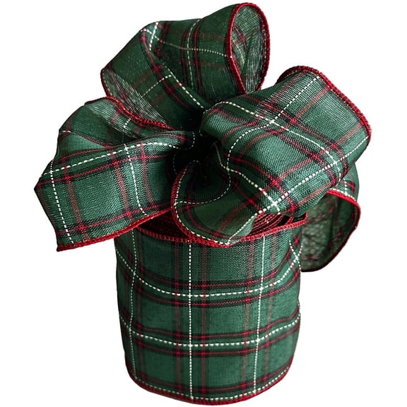 Rustic Plaid Wired Christmas Ribbon - 4" x 10 Yards, Emerald, Black, White