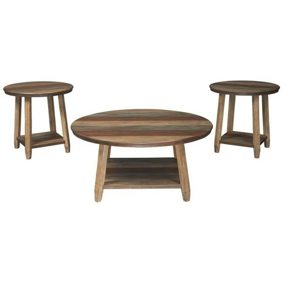 Rustic Plank Style Round Shape Cocktail & 2 End Tables, Brown - Set of 3