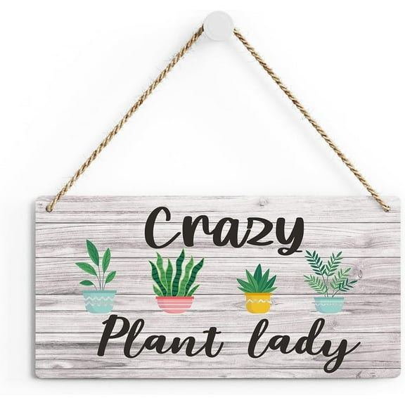 Rustic Plant Lady Wood Decor Sign, Crazy Plant Lady Printed Wood Sign Wall Art, Hanging Door Sign, Decorative Wood Sign Home Garden Decor 10x5 Inch