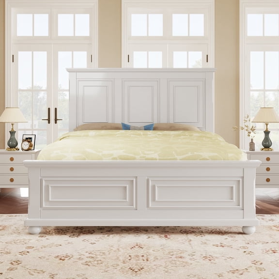 Rustic Platform Bed King Size with Tall Headboard and Footboard, Solid Wood Bed Frame with Wood Slats and Sturdy Support, No Box Spring Needed, White