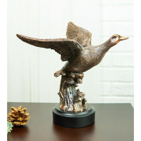 Rustic Pond Flying Mallard Duck Statue In Bronze Electroplated Resin Finish