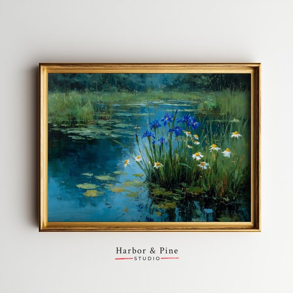 Rustic Pond Reflection Blue Irises Daisies Cottagecore Nature Art, UNFRAMED Size 30x30