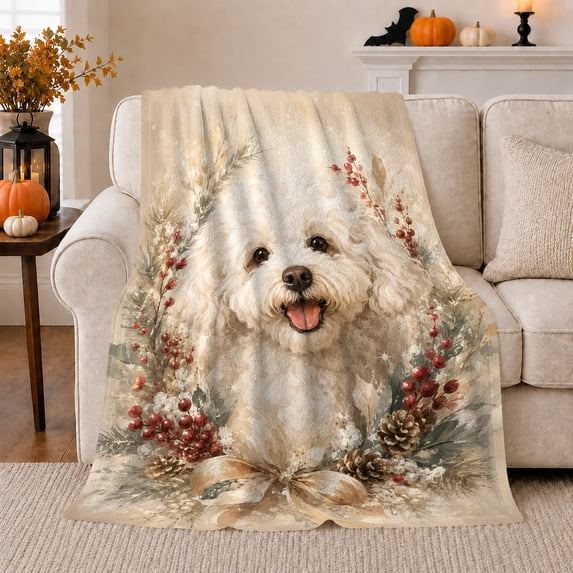 Rustic Poodle Portrait Autumn Foliage Dog Lover, Cozy Pet Portrait Pattern, Warm Flannel Blanket for Living Room and Reading Nook, Dog Lovers Thanksgiving Gift, Pet Lover Home Decor