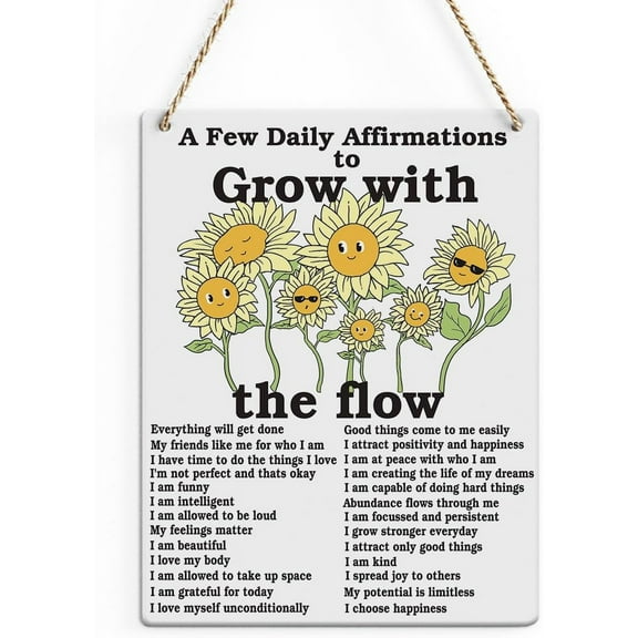 Rustic Positive Daily Affirmations Wood Decor Sign, Motivational Quote Sunflower Printed Wood Sign Wall Art, Hanging Door Sign, Decorative Wood Sign Home Therapy Office Decor 8x10