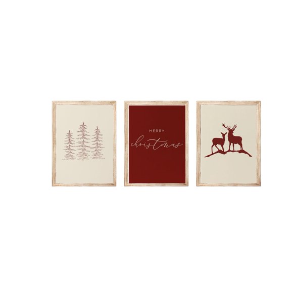 Rustic Poster Set Beige Red Deer Trees, Stretched Canvas