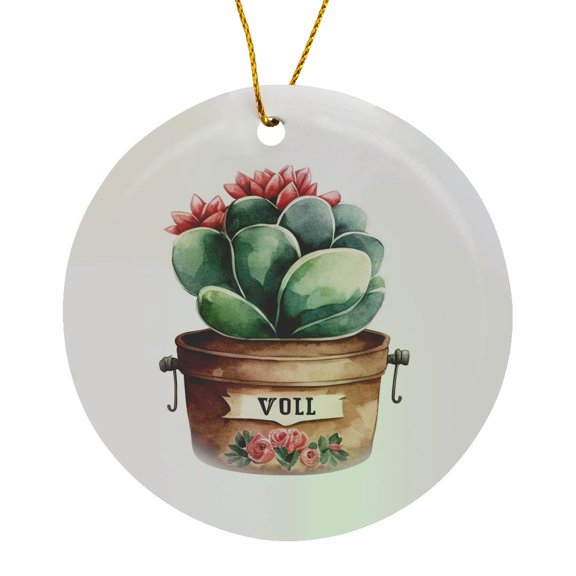 3drose, Rustic Potted Red Flowering Cactus Illustration, Circle Porcelain Ornament