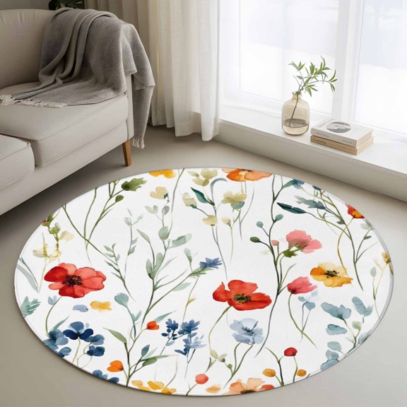Rustic Pressed Floral Round Rug 3ft Washable Circle Entryway Rugs Non Slip Vintage Multicolor Leaves Floral Area Rug Indoor Floor Carpet for Bedroom Kitchen Living Room Home Office Dining Room