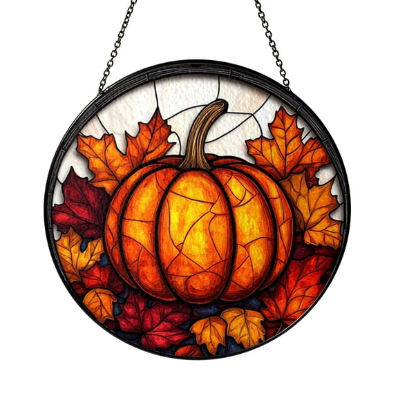 Rustic Pumpkin Autumn Stained Glass Window Decor, Classic Harvest Home Accent