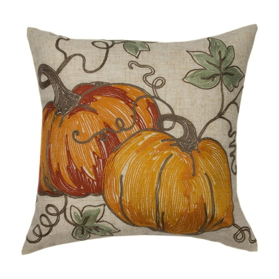 Rustic Pumpkin Crewel Embroidered Fall Pillow, 14 by 14-Inch 14"X14"