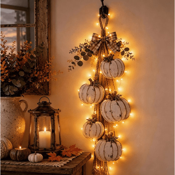 Rustic Pumpkin Hanging Swag, 5-Pumpkin Fall Door Decor, Wooden Pumpkin Wall Decor with Plaid Bow, Farmhouse Autumn Decorations for Front Door Home (Lights)