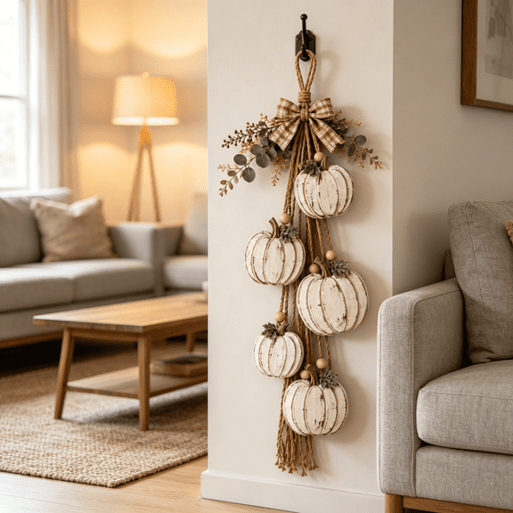 Rustic Pumpkin Hanging Swag, Pumpkin Fall Wall & Door Decor, Rustic Wooden Pumpkin Door Hanging, Distressed Wooden Pumpkins with Plaid Bow and Optional Warm(white)