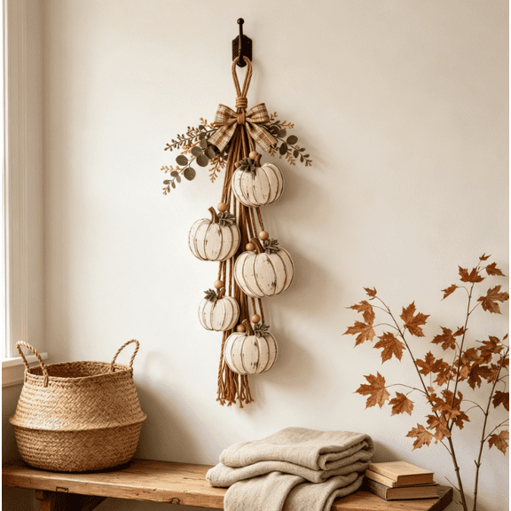 Rustic Pumpkin Hanging Swag, Pumpkin Fall Wall & Door Decor, Rustic Wooden Pumpkin Door Hanging with Warm LED Lights, Distressed Wooden Pumpkins with Plaid Bow and Optional Warm