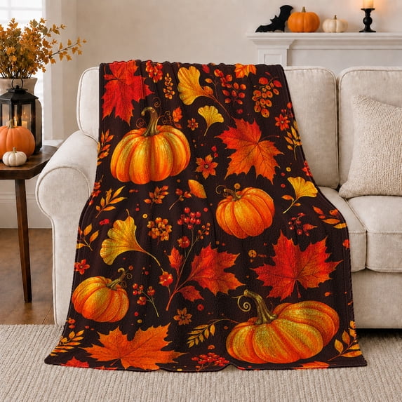 Rustic Pumpkin Maple Leaf Autumn Harvest Scene, Rustic Botanical Portrait, Warm Flannel Blanket for Living Room and Bedroom, Art Lovers Thanksgiving Gift, Rustic Home Decor