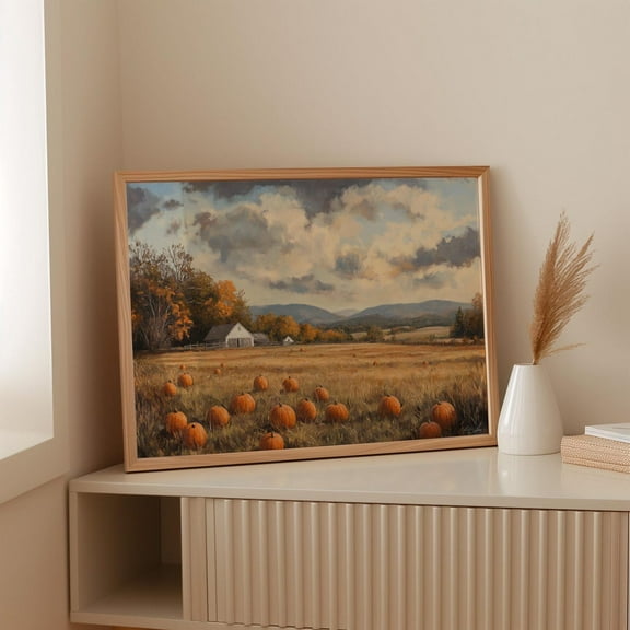 Rustic Pumpkin Patch Farm Cozy Autumn Harvest Landscape Print With Barn And Fall Foliage For Seasonal Decor Wall Art, Modern Wall Decor, 8x12 UNFRAMED
