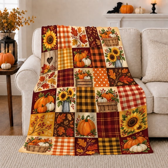 Rustic Pumpkin Sunflower Patchwork Harvest Farmhouse, Cozy Friendship Quote Scene, Warm Flannel Blanket for Ranch House and Living Room, Art Lovers Thanksgiving Gift, Festive Home Decor