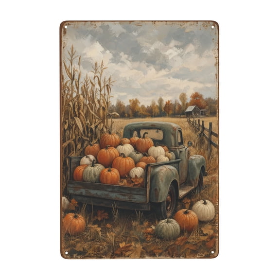 Rustic Pumpkin Truck Fall Farmhouse Metal Tin Sign For Kitchen Living Room Or Entryway 8x12 Inch