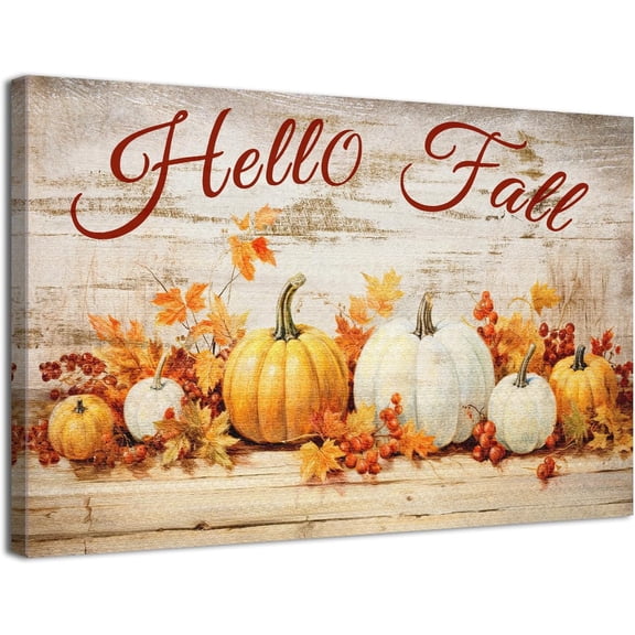 Rustic Pumpkin Wall Art Canvas Prints Hello Fall Pictures Wall Decor for Kitchen Dinner Room Farmhouse Watercolor Pumpkins Maple Leaves Autumn Fall Posters Halloween Artwork Home Decorations 12x16"