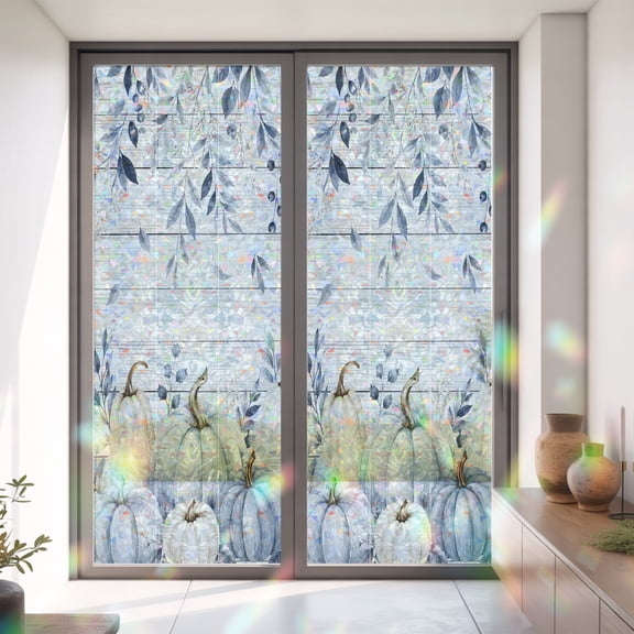 Rustic Pumpkin Wood Board Window Privacy Film,Decorative Windows Static Cling Thanksgiving Plant Eucalyptus Leaf Heat Control Removable Glass Sticker for Home Bathroom Bedroom Window Door,35.4x78.7in