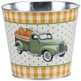 thumbnail image 1 of Rustic Pumpkins Truck Tin Pot - 5" Diameter, 4.5" Tall, Green, Orange & White Plaid, Polka Dots, Halloween, Fall Decor, Flower Pot, Thanksgiving, 1 of 1