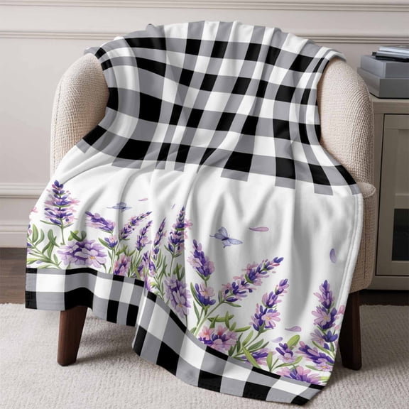Rustic Purple Flower Butterfly Throw Blanket Flannel Fleece Throws, Pastoral Black White Plaid Lightweight Super Soft Warm Blankets for Couch Sofa Bed All Season Use, 50x60 in