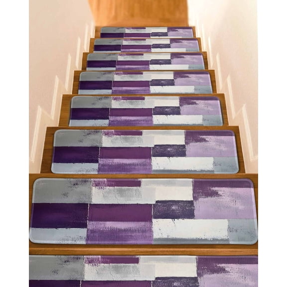 Rustic Purple Stair Treads for Wooden Steps Indoor Runner Rug Carpet, Abstract Oil Painting Grunge Art Ombre 7 Pieces Peel and Stick Staircase Step Treads Covers Washable Throw Door Mats, 30"x8"