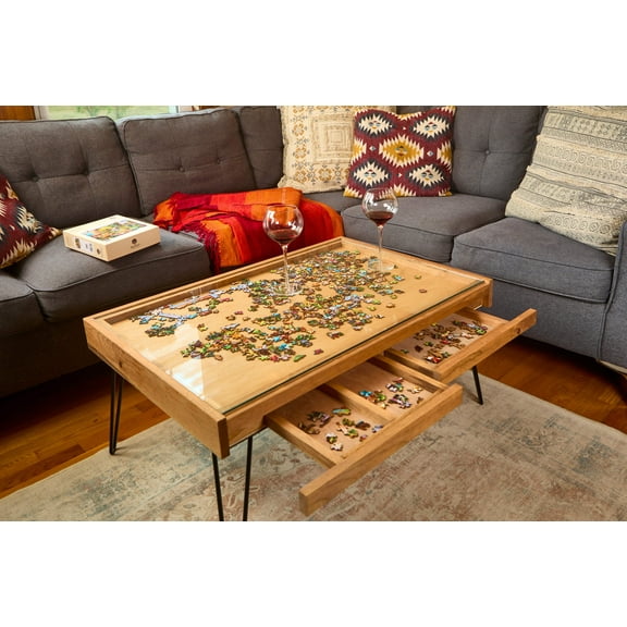 Rustic Puzzle Coffee Table with removable glass top - includes 2 hidden drawers - 24x36"