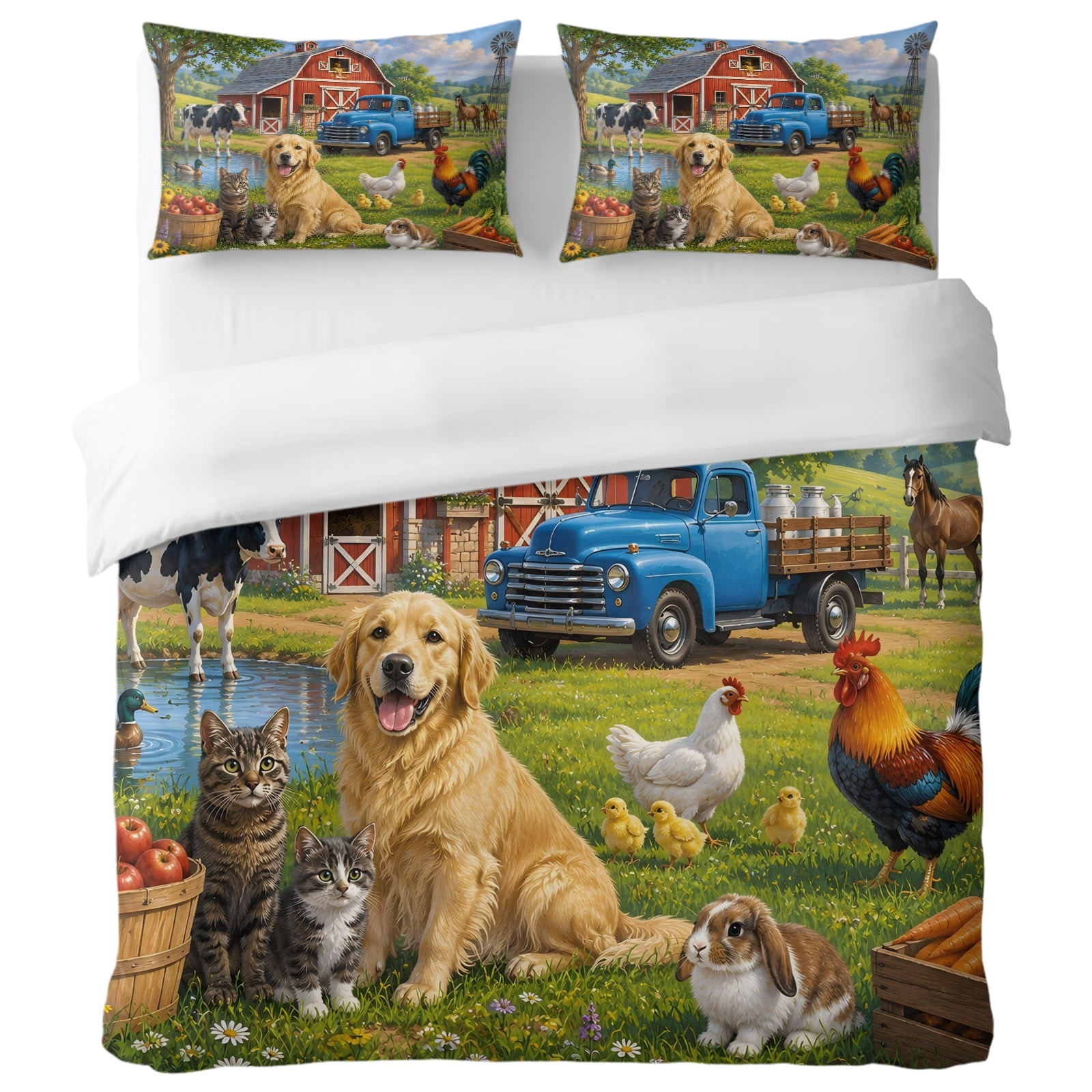 Red 4574 Rustic Queen Duvet Cover Set, Countryside Red Barn Truck Dog Cat ...