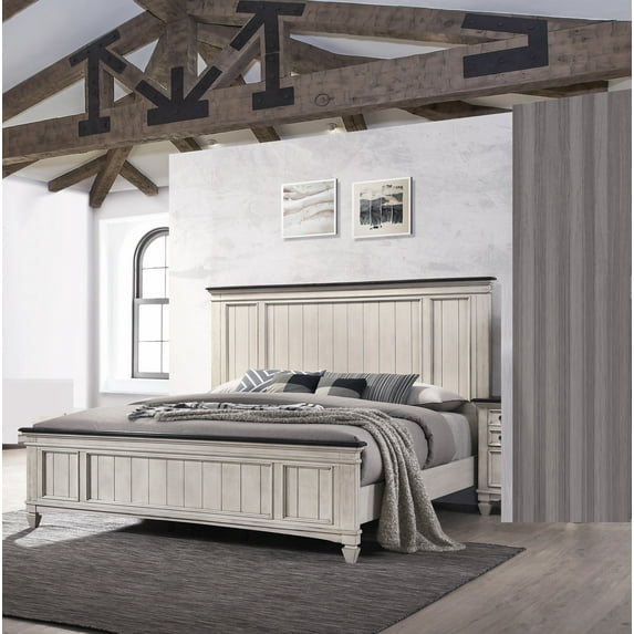 Rustic Queen Panel Bed - Brown Wood, Built-in Bench, Bedroom Furniture, Farmhouse Style, Solid Wood Frame, Two-Tone Finish, Slats Included, 85.5"x65.5"x56"