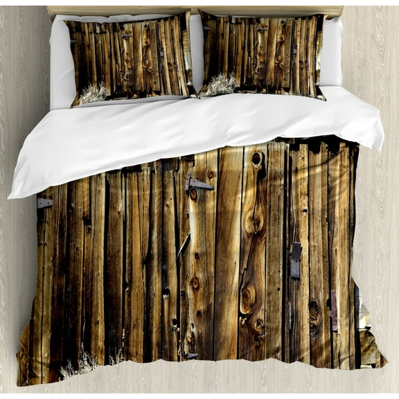 Rustic Queen Size Duvet Cover Set, Oak Barn Siding Door Cracked Rusted Hinges Dated Timber Mansion Farmland Nobody Design, Decorative 3 Piece Bedding Set with 2 Pillow Shams, Brown, by Ambesonne
