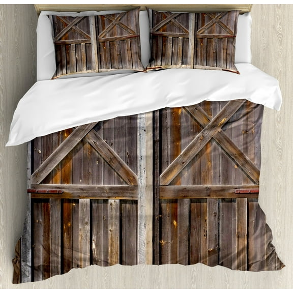 Rustic Queen Size Duvet Cover Set, Old Wooden Barn Door of Farmhouse Oak Countryside Village Board Rural Life Photo Print, Decorative 3 Piece Bedding Set with 2 Pillow Shams, Brown, by Ambesonne