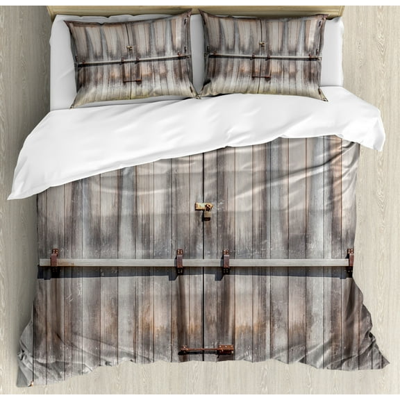 Rustic Queen Size Duvet Cover Set, Retro Entrance with Padlock to Abandoned House Wooden Gate Rough Oak Agriculture Image, Decorative 3 Piece Bedding Set with 2 Pillow Shams, Brown, by Ambesonne