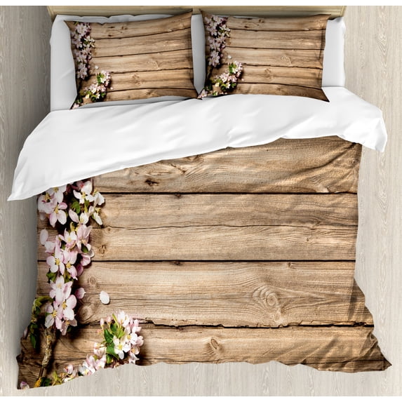 Rustic Queen Size Duvet Cover Set, Sweet Spring Flowering Tree Branch on Weathered Wooden Blooming Orchard Image, Decorative 3 Piece Bedding Set with 2 Pillow Shams, Pink Brown Green, by Ambesonne