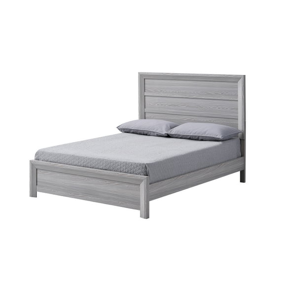 Rustic Queen Size Wooden Panel Bed Frame, Contemporary Gray Finish with Decking Headboard, Durable Solid Wood Furniture for Modern Bedroom Decor, 84.5" L x 63.25" W